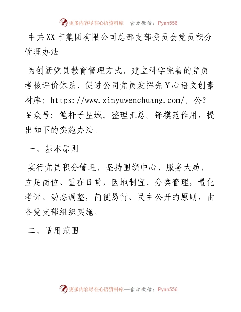 030135：中共XX市集团有限公司总部支部委员会党员积分管理办法.docx_第1页