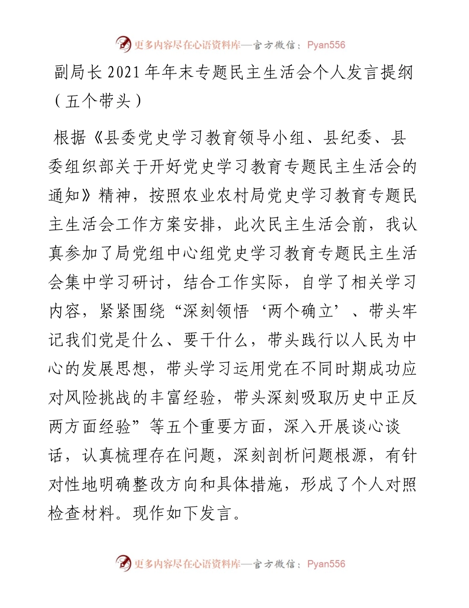 011815：副局长年末专题民主生活会个人发言提纲（五个带头）.docx_第1页