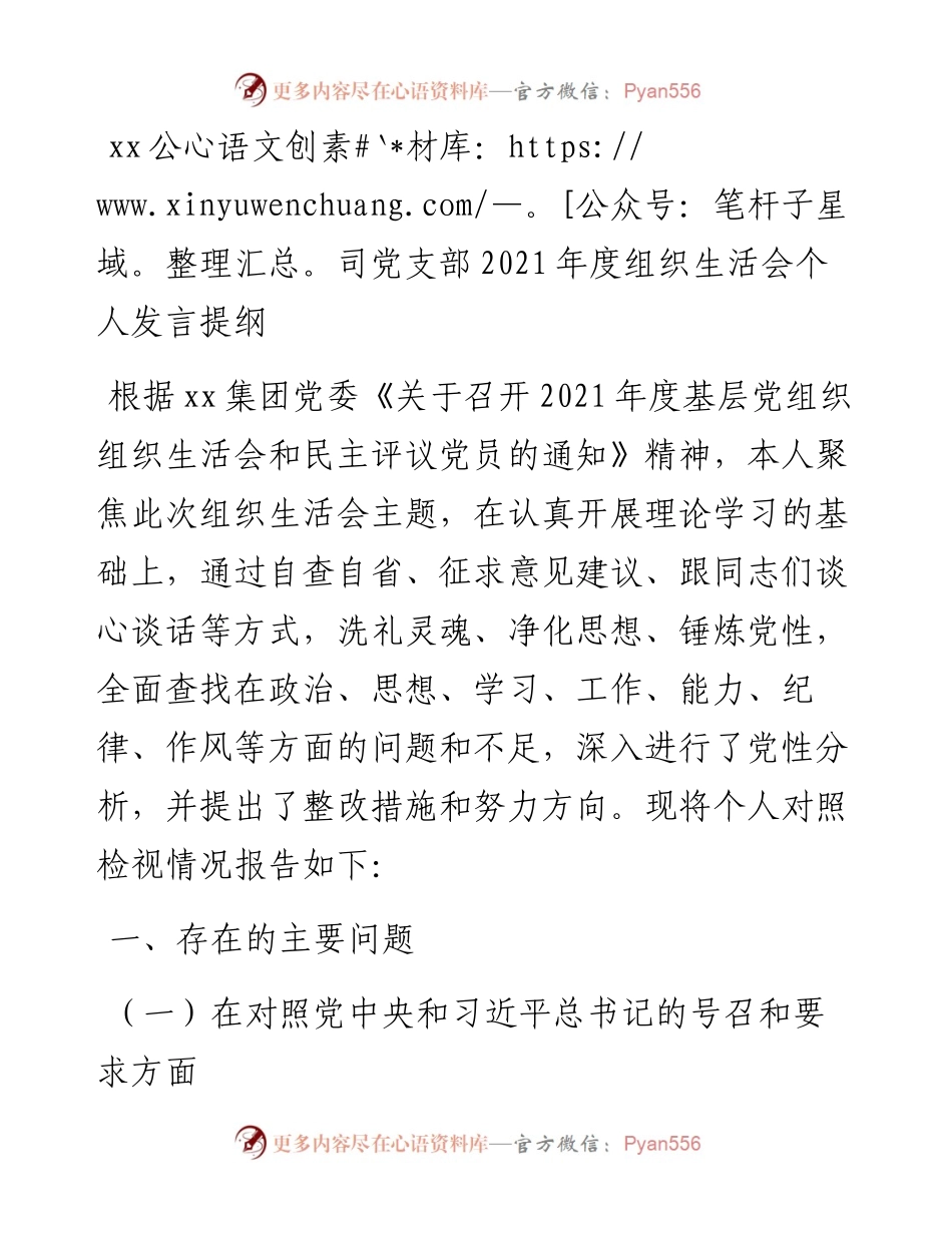 030255：xx公司党支部度组织生活会个人发言提纲.docx_第1页