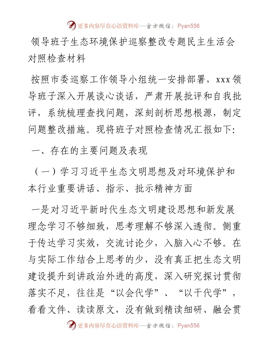 01：领导班子生态环境保护巡察整改专题民主生活会对照检查材料.docx_第1页