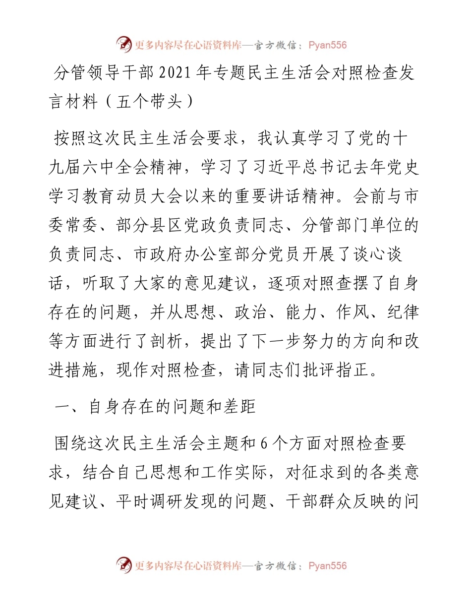 013006：分管领导干部专题民主生活会对照检查发言材料（五个带头）.docx_第1页