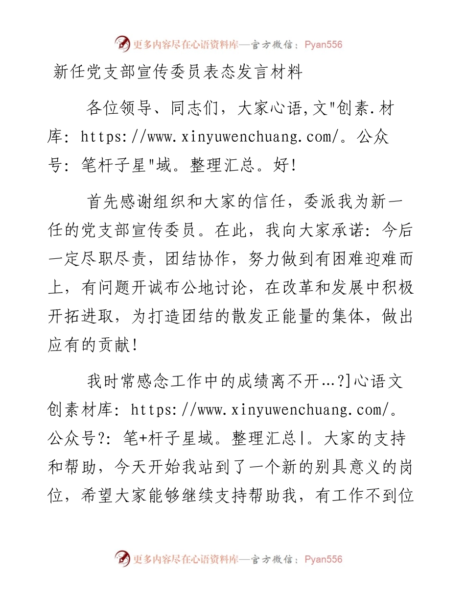 0128新任党支部宣传委员表态发言材料.docx_第1页