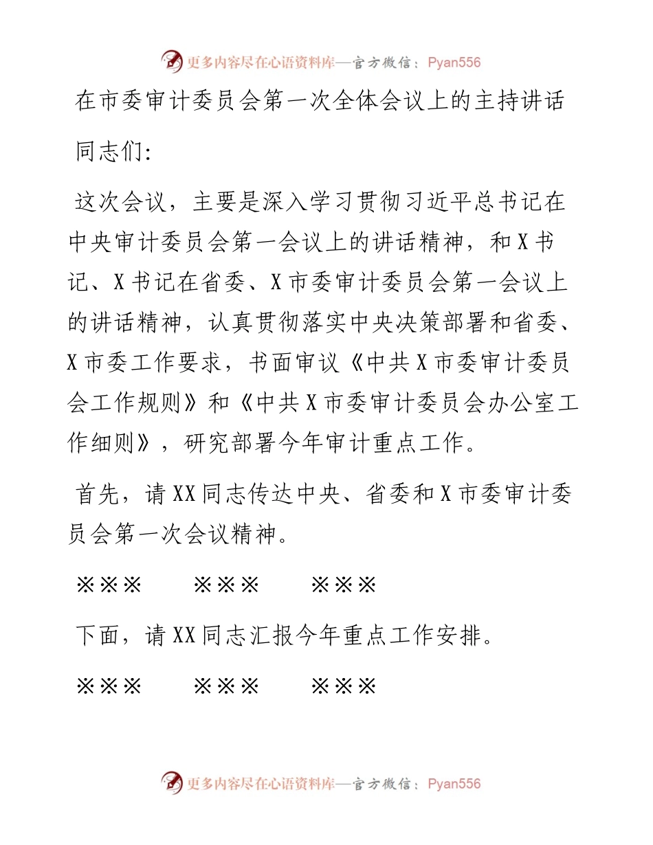 0315在市委审计委员会第一次全体会议上的主持讲话.docx_第1页