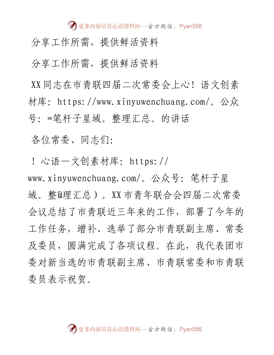 07-XX同志在市青联四届二次常委会上的讲话.docx_第1页