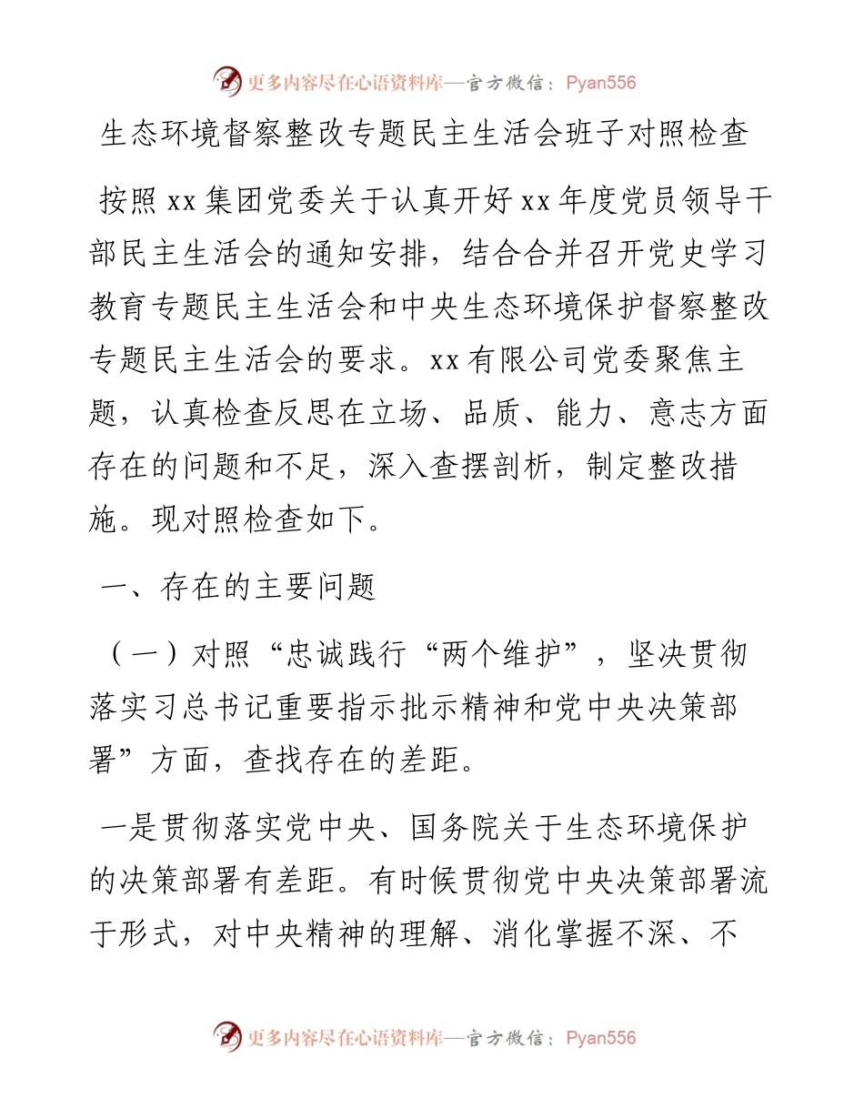 012525：生态环境督察整改专题民主生活会班子对照检查.docx_第1页