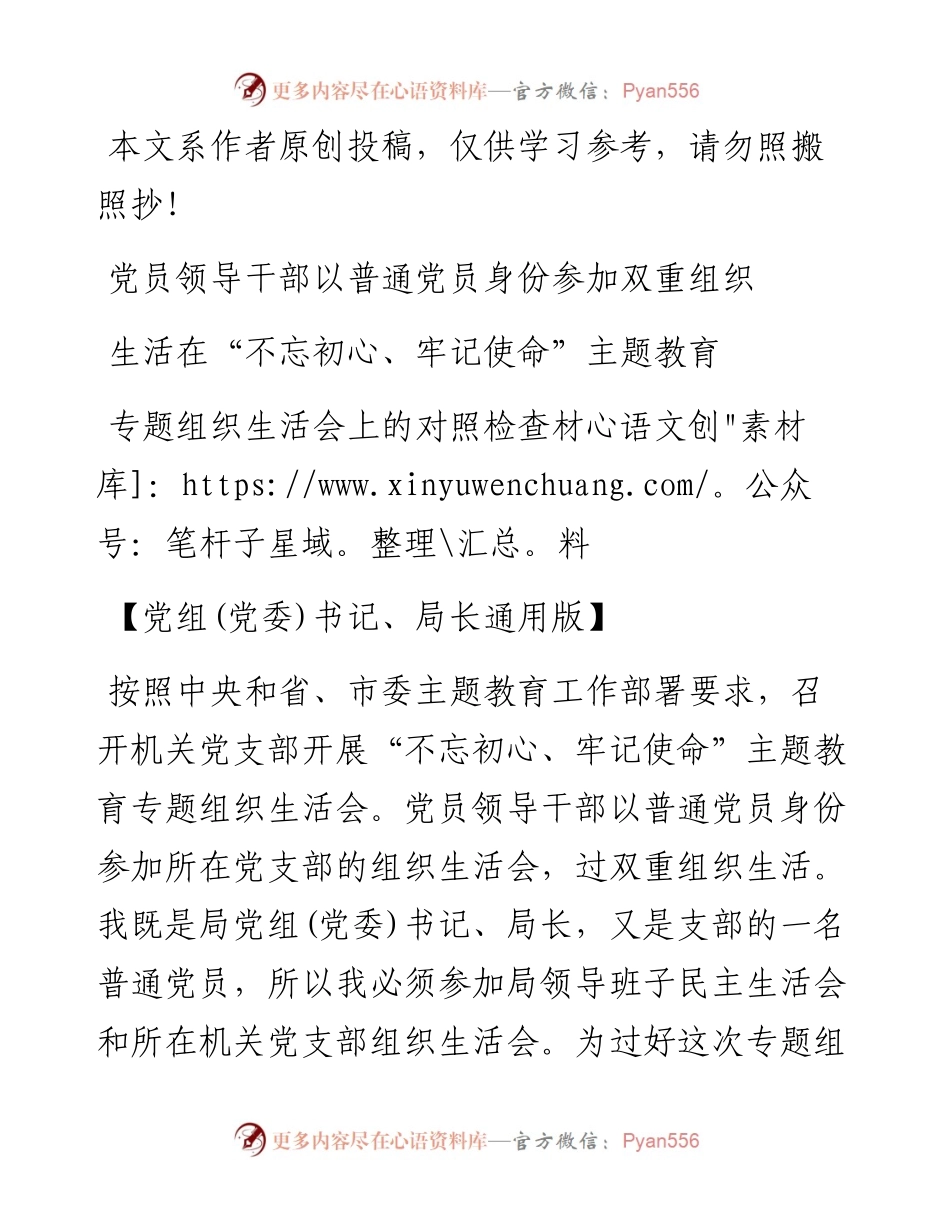 070807党员领导干部以普通党员身份参加双重组织生活在不忘初心牢记使命主题教育专题组织生活会上的对照检查材料.docx_第1页