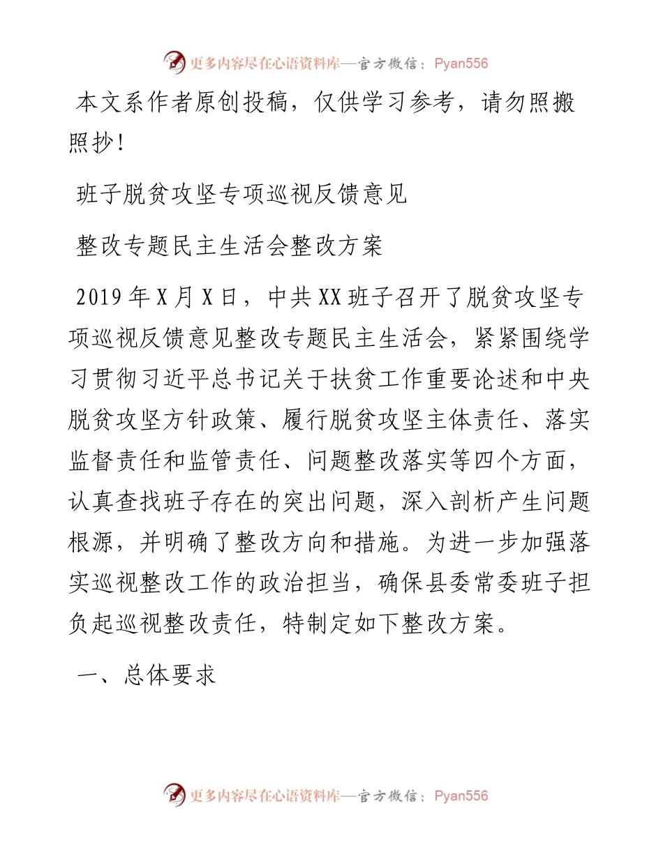 033110-班子脱贫攻坚专项巡视反馈意见整改专题民主生活会整改方案.docx_第1页