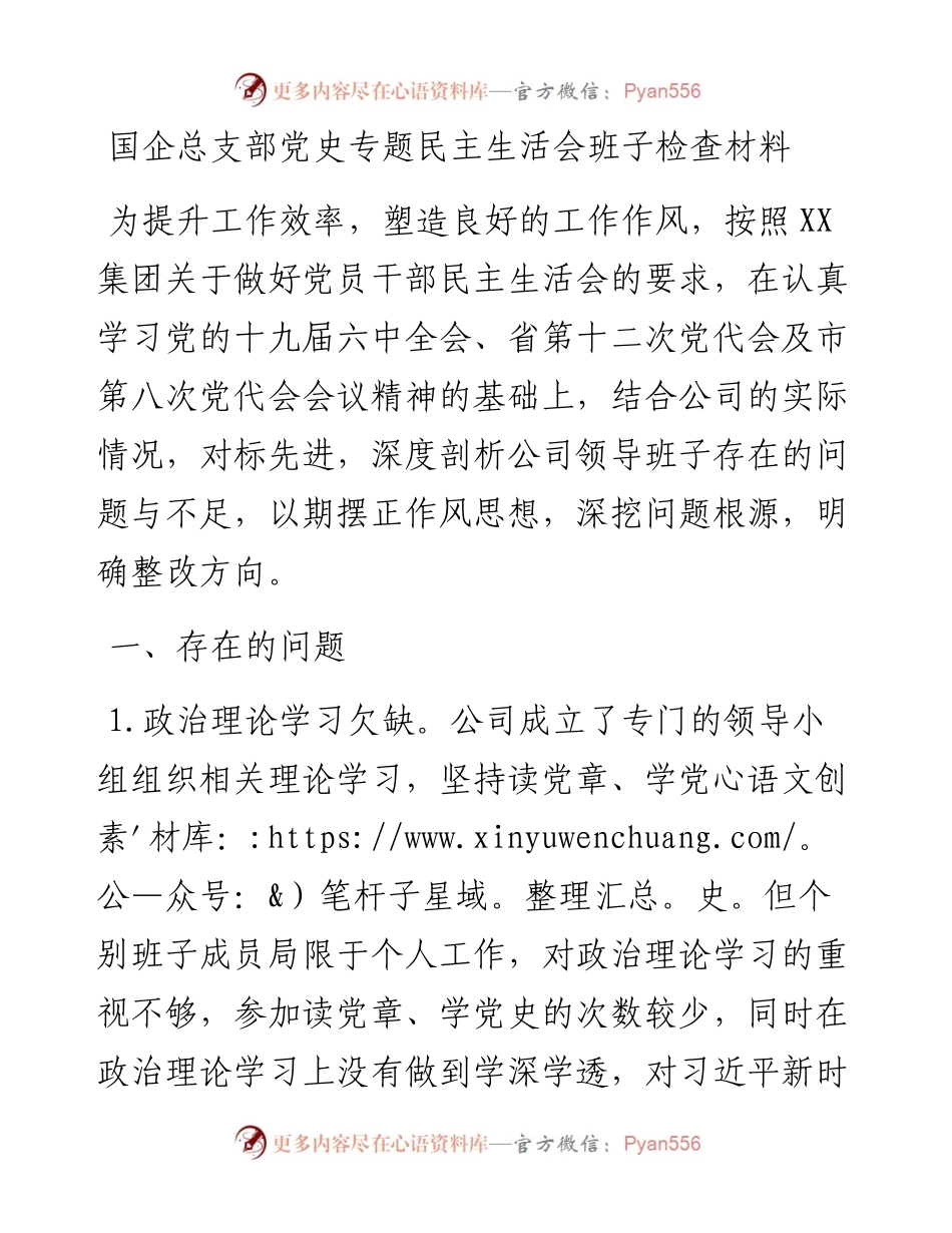 020837：国企总支部党史专题民主生活会班子检查材料.docx_第1页