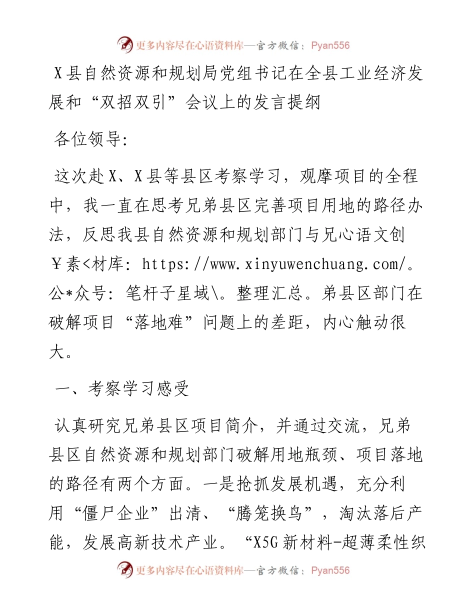 0505X县自然资源和规划局党组书记在全县工业经济发展和“双招双引”会议上的发言提纲.docx_第1页