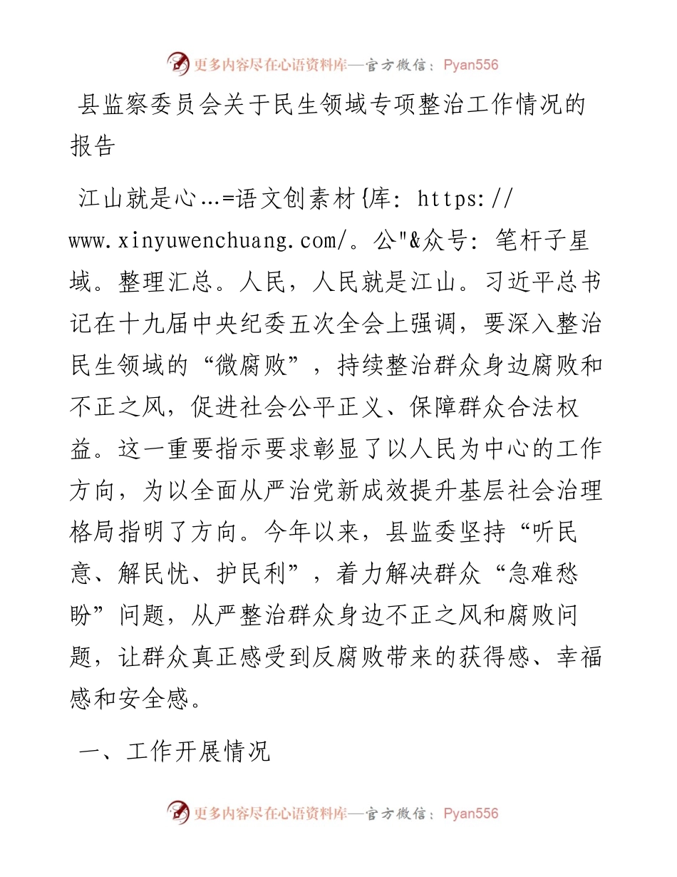 021317：县监察委员会关于民生领域专项整治工作情况的报告.docx_第1页