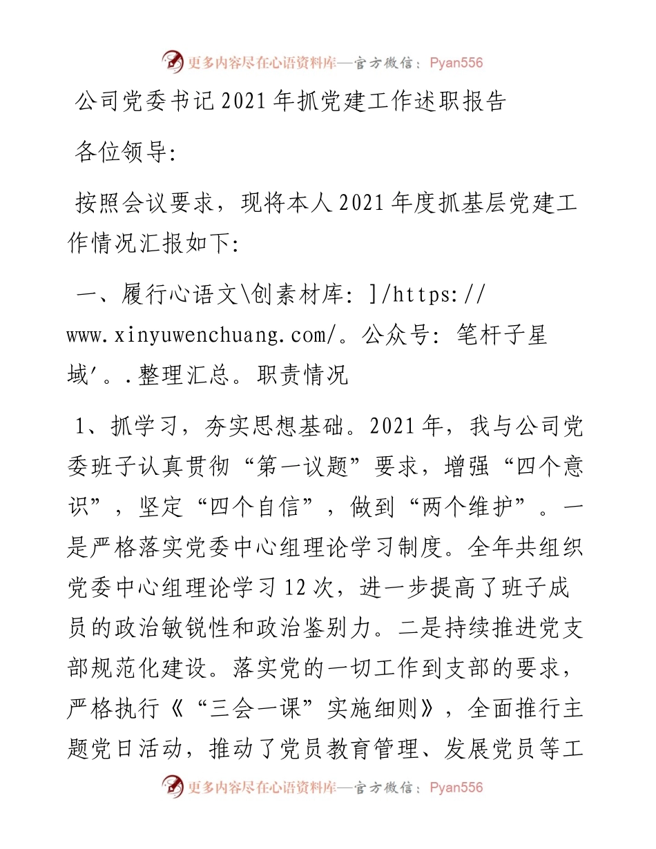 021532：公司党委书记抓党建工作述职报告.docx_第1页