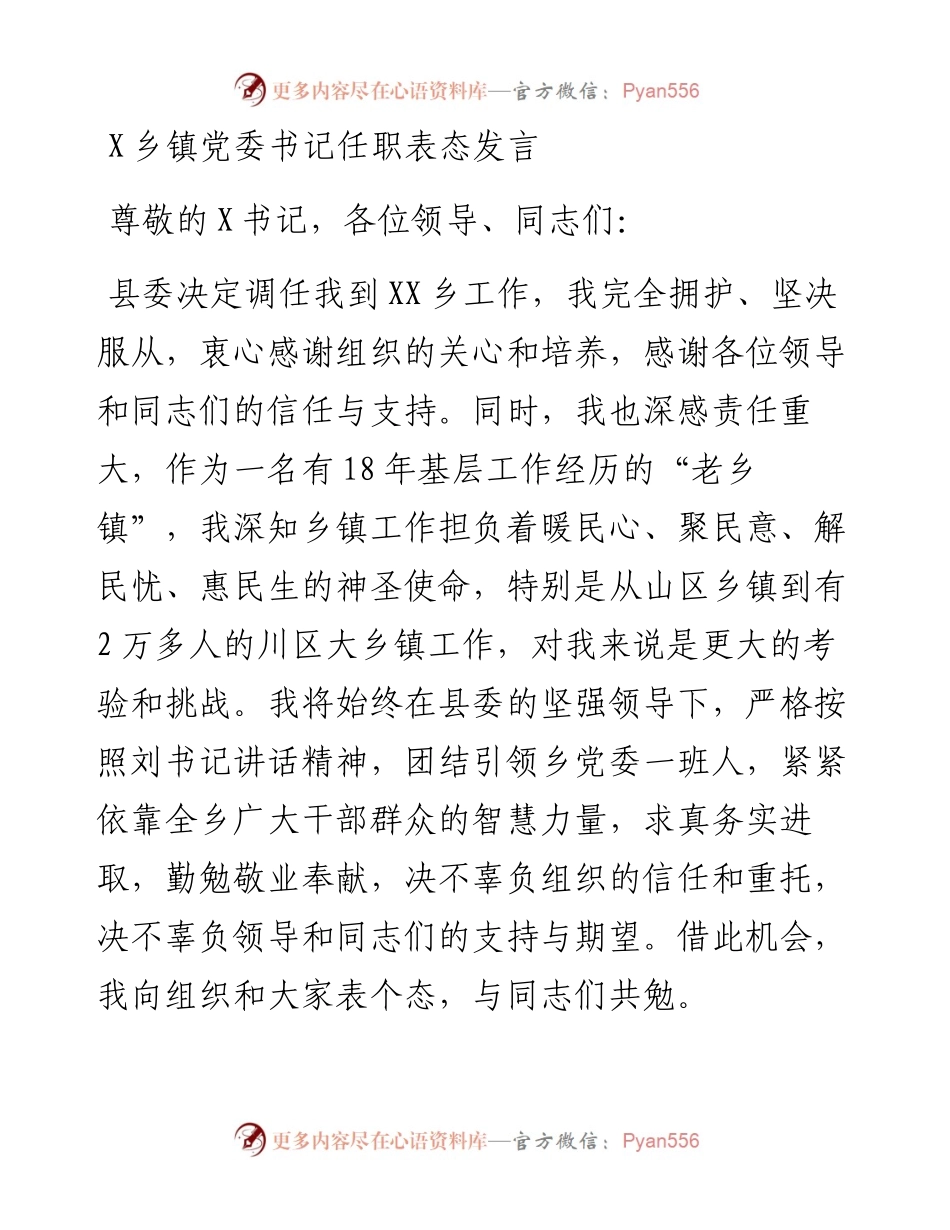 0816X乡镇党委书记任职表态发言.docx_第1页