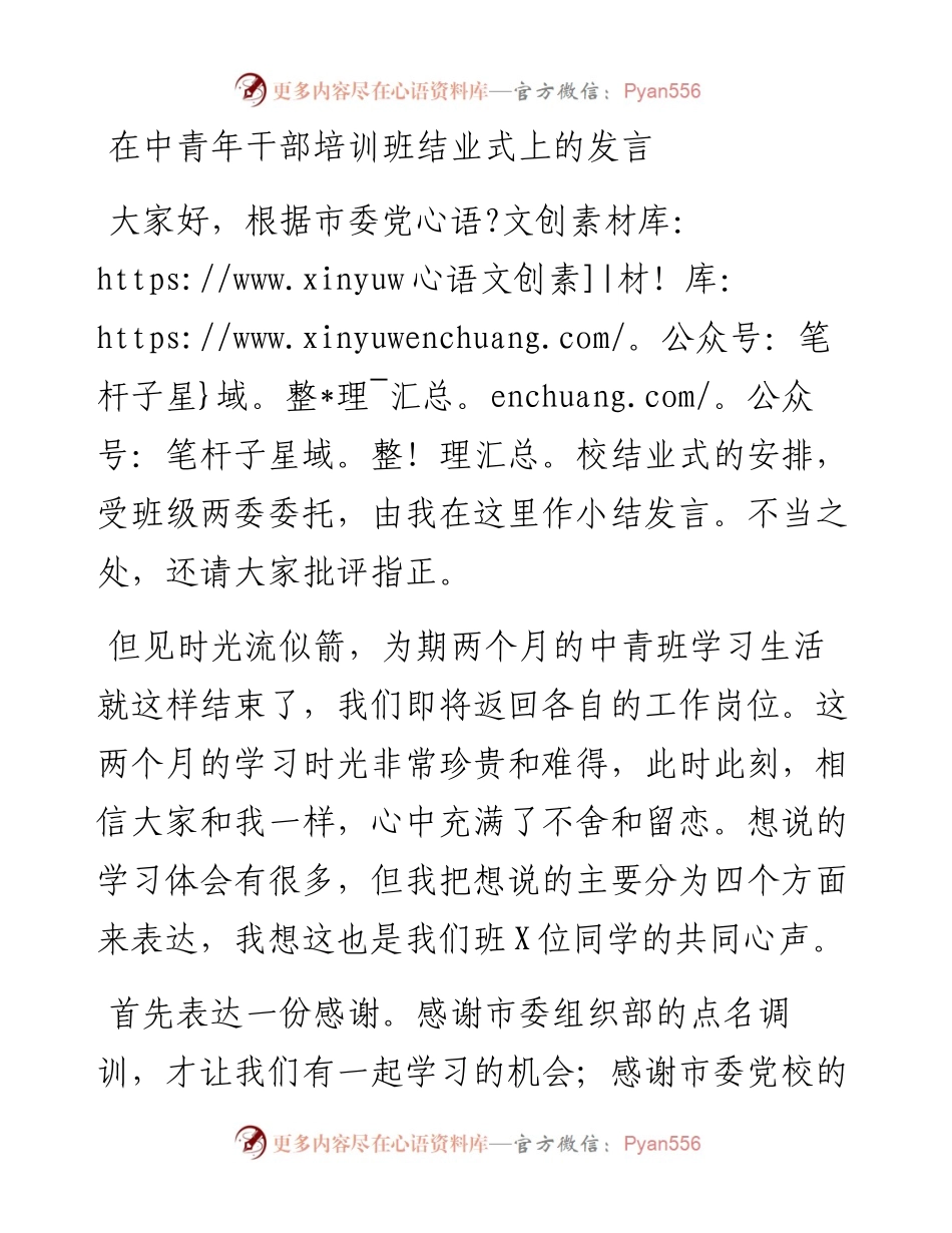 091906在中青年干部培训班结业式上的发言.docx_第1页