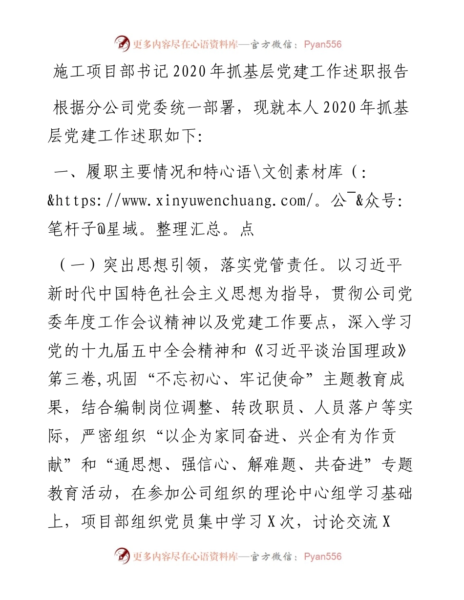 0201施工项目部书记抓基层党建工作述职报告.docx_第1页
