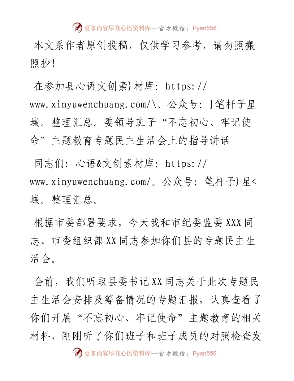 081207指导组参加不忘初心牢记使命民主生活会上的讲话.docx_第1页