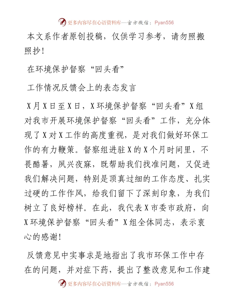041304-在环境保护督察回头看工作情况反馈会上的表态发言.docx_第1页