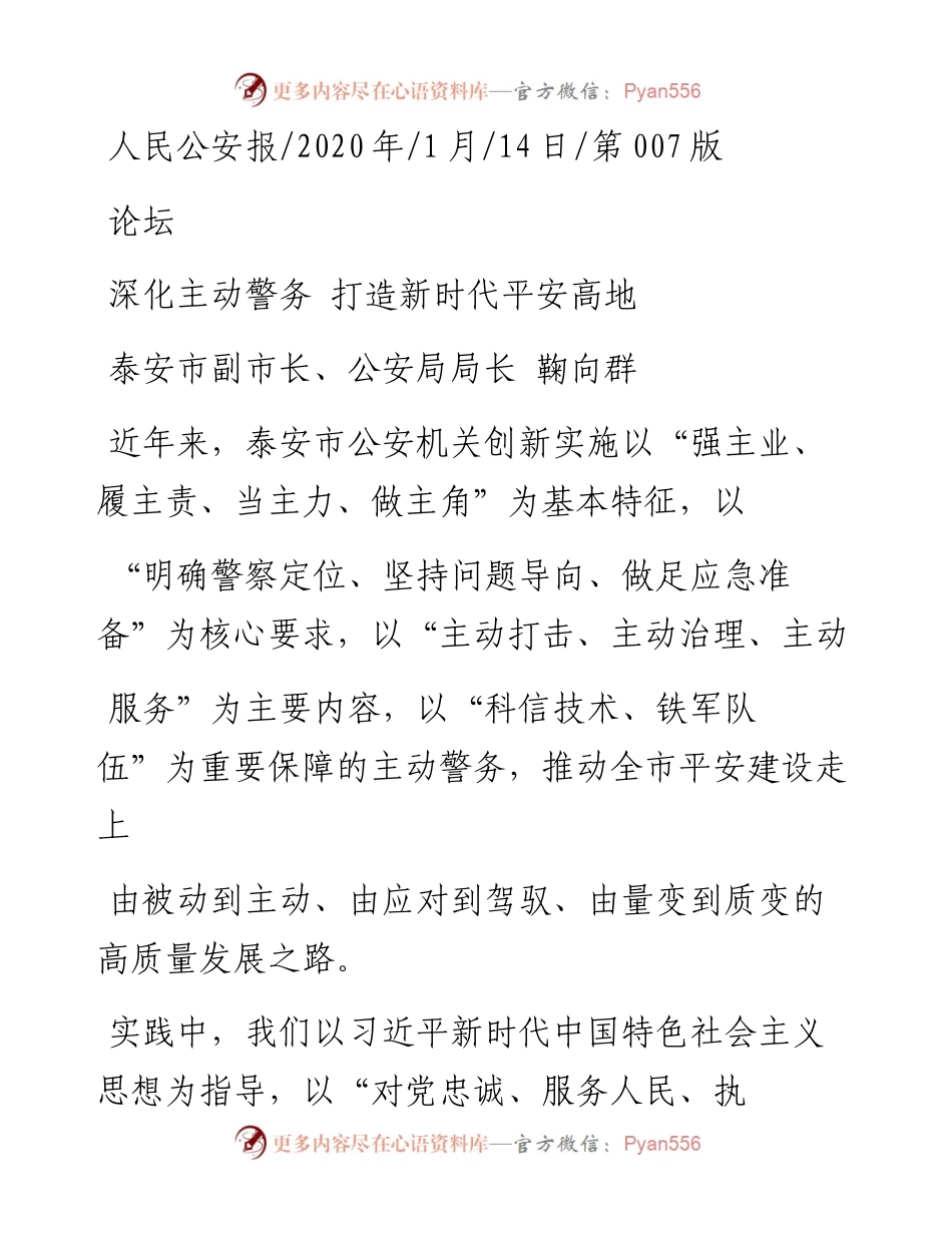 1.14泰安市公安局局长鞠向群：深化主动警务__打造新时代平安高地.docx_第1页