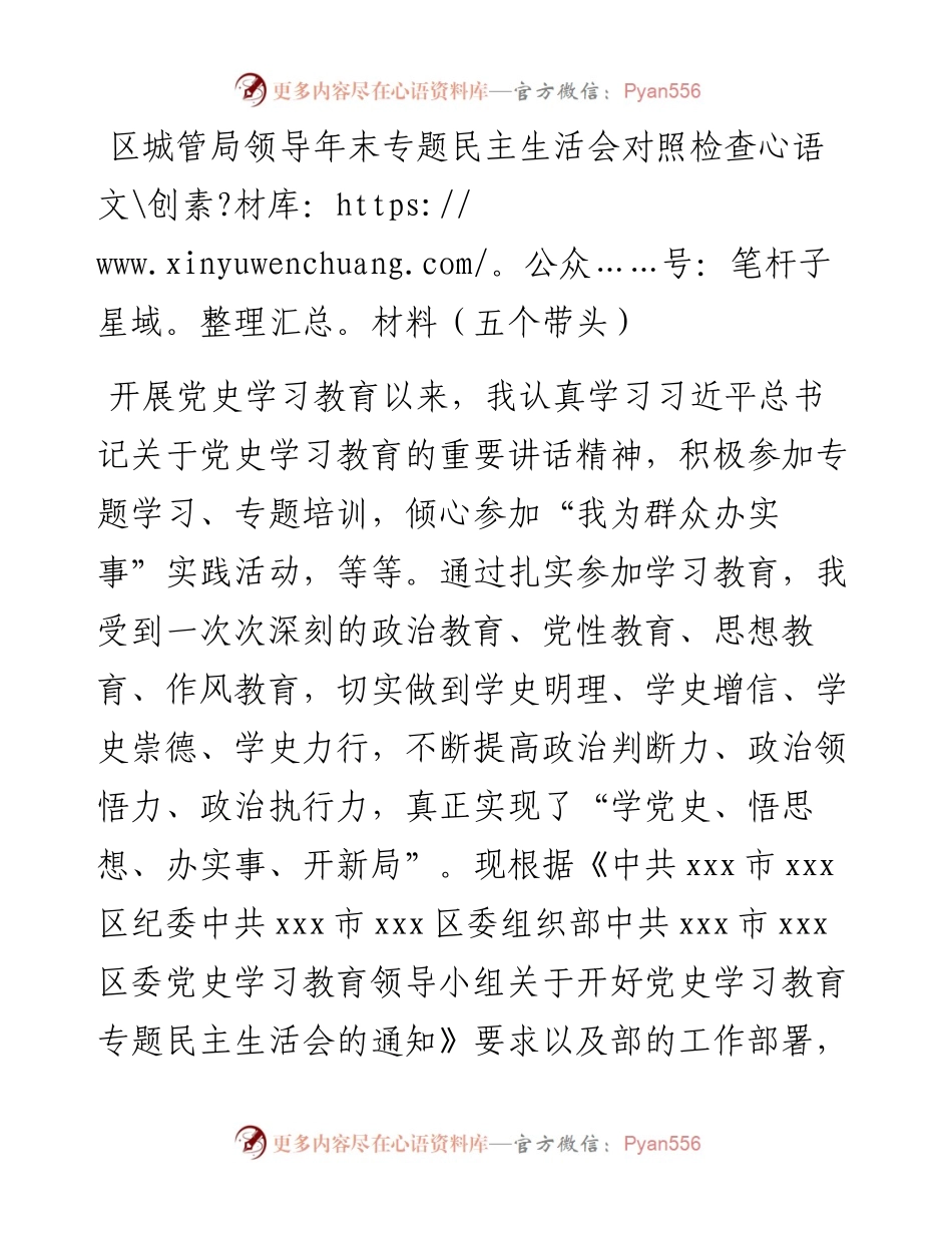 011513：区城管局领导年末专题民主生活会对照检查材料（五个带头）.docx_第1页
