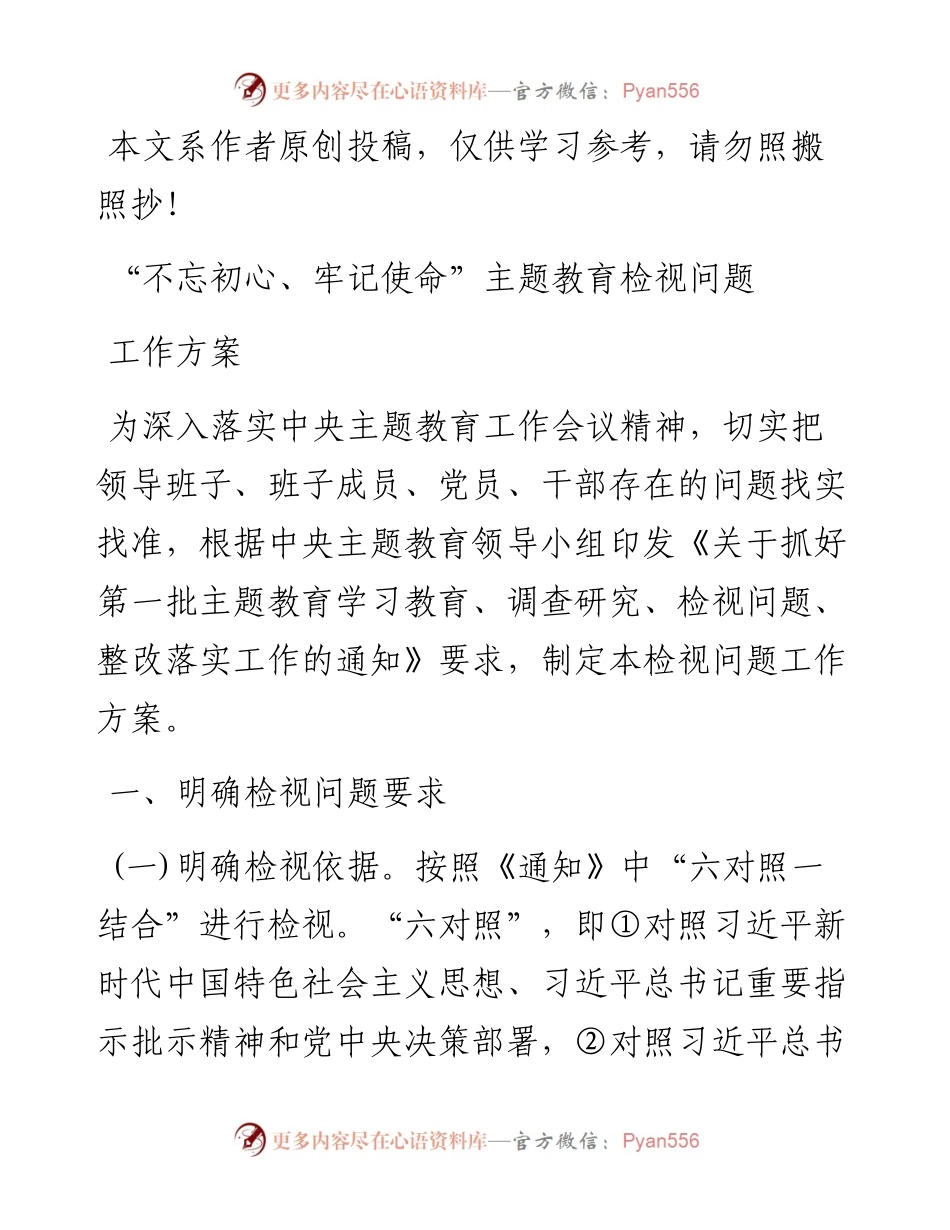 070606不忘初心牢记使命主题教育检视问题工作方案.docx_第1页