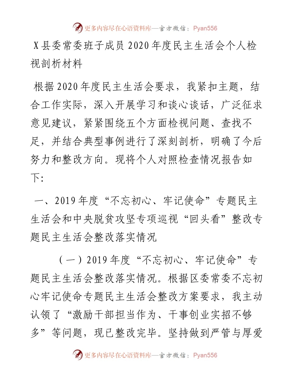 0128县委常委班子成员度民主生活会个人检视剖析材料.docx_第1页