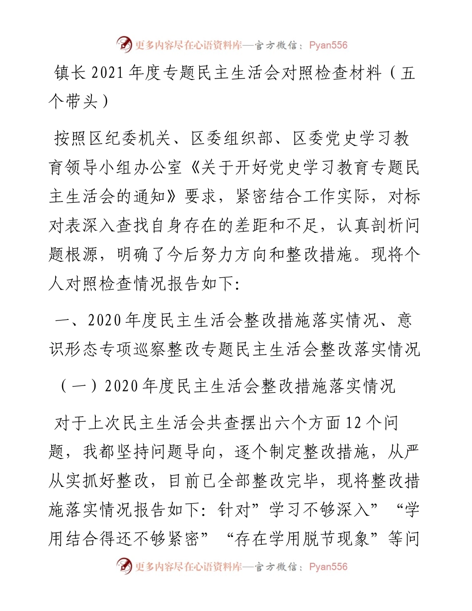 020324：镇长度专题民主生活会对照检查材料（五个带头）.docx_第1页