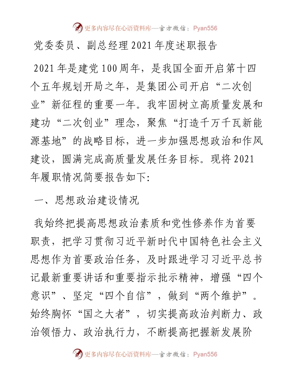 012808：党委委员、副总经理度述职报告.docx_第1页