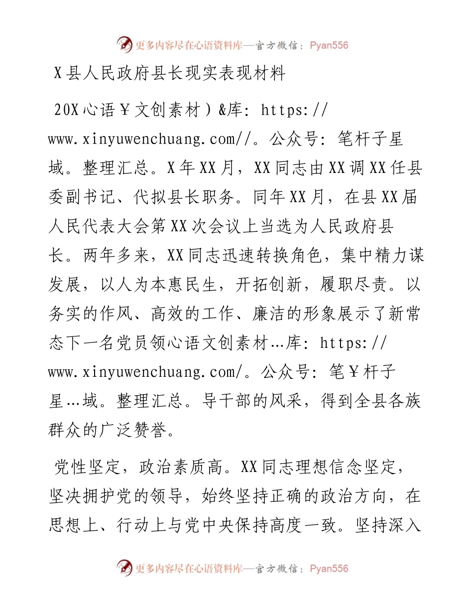 0810X县人民政府县长现实表现材料.docx_第1页