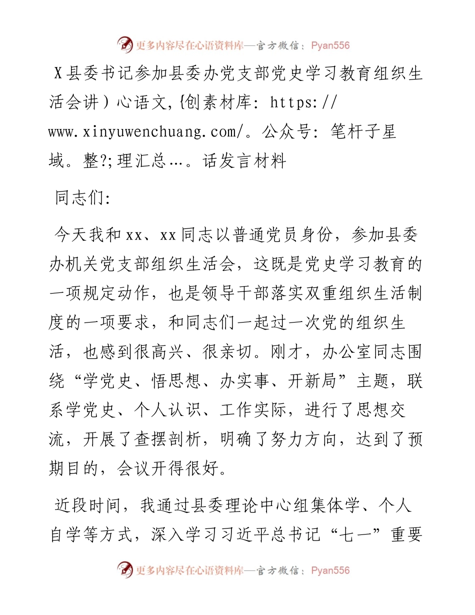 0817X县委书记参加县委办党支部党史学习教育组织生活会讲话发言材料.docx_第1页