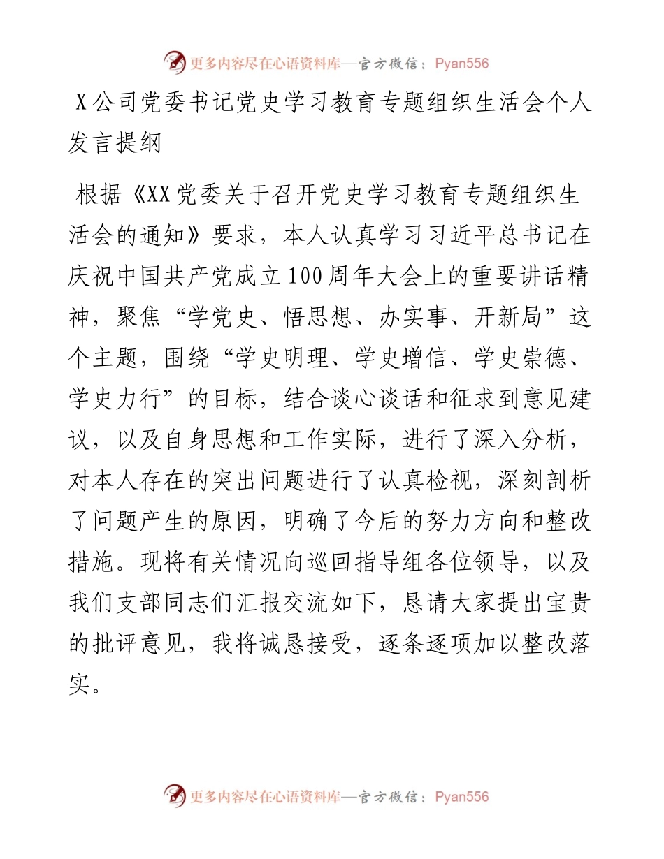 0802X公司党委书记党史学习教育专题组织生活会个人发言提纲.docx_第1页