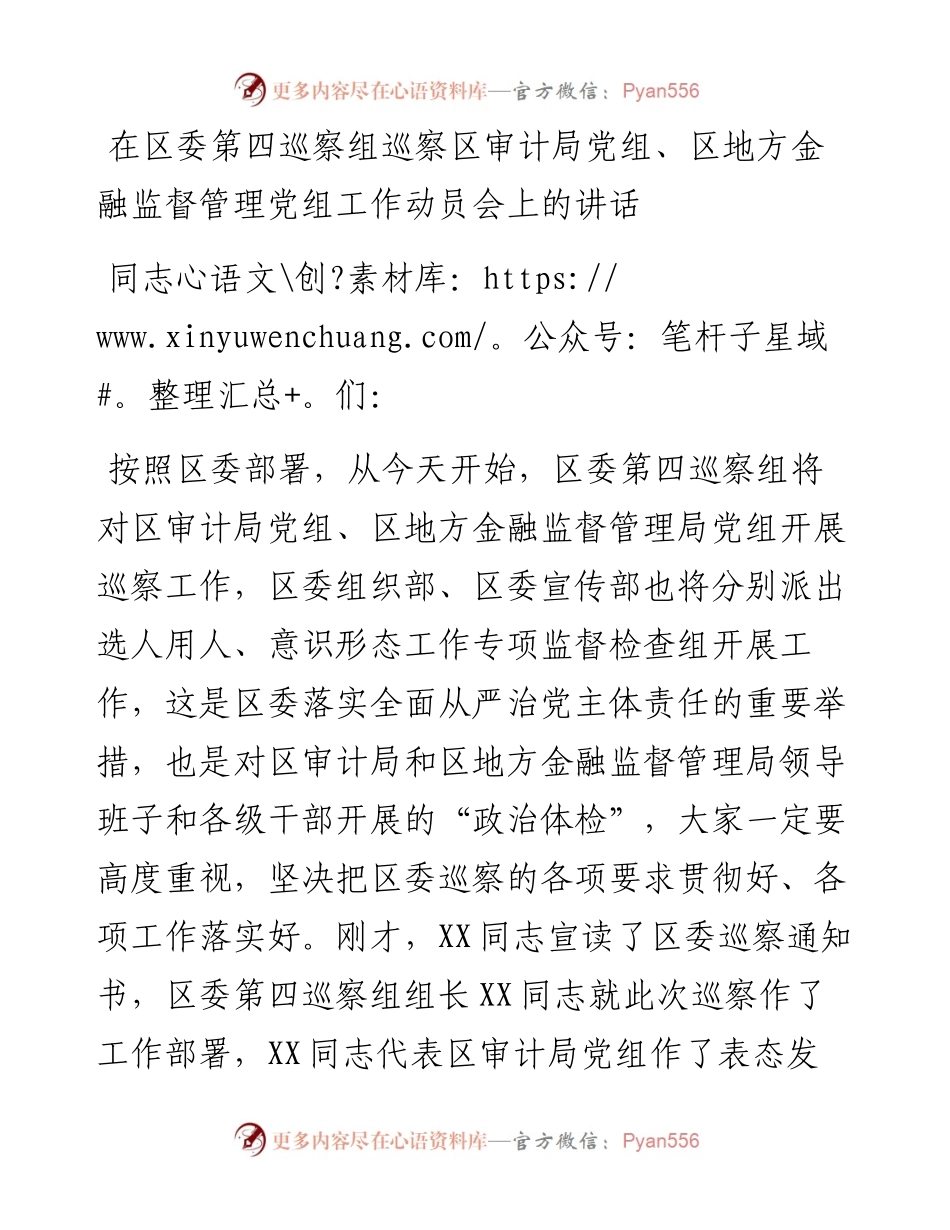 0101在区委第四巡察组巡察区审计局党组区地方金融监督管理党组工作动员会上的讲话.docx_第1页
