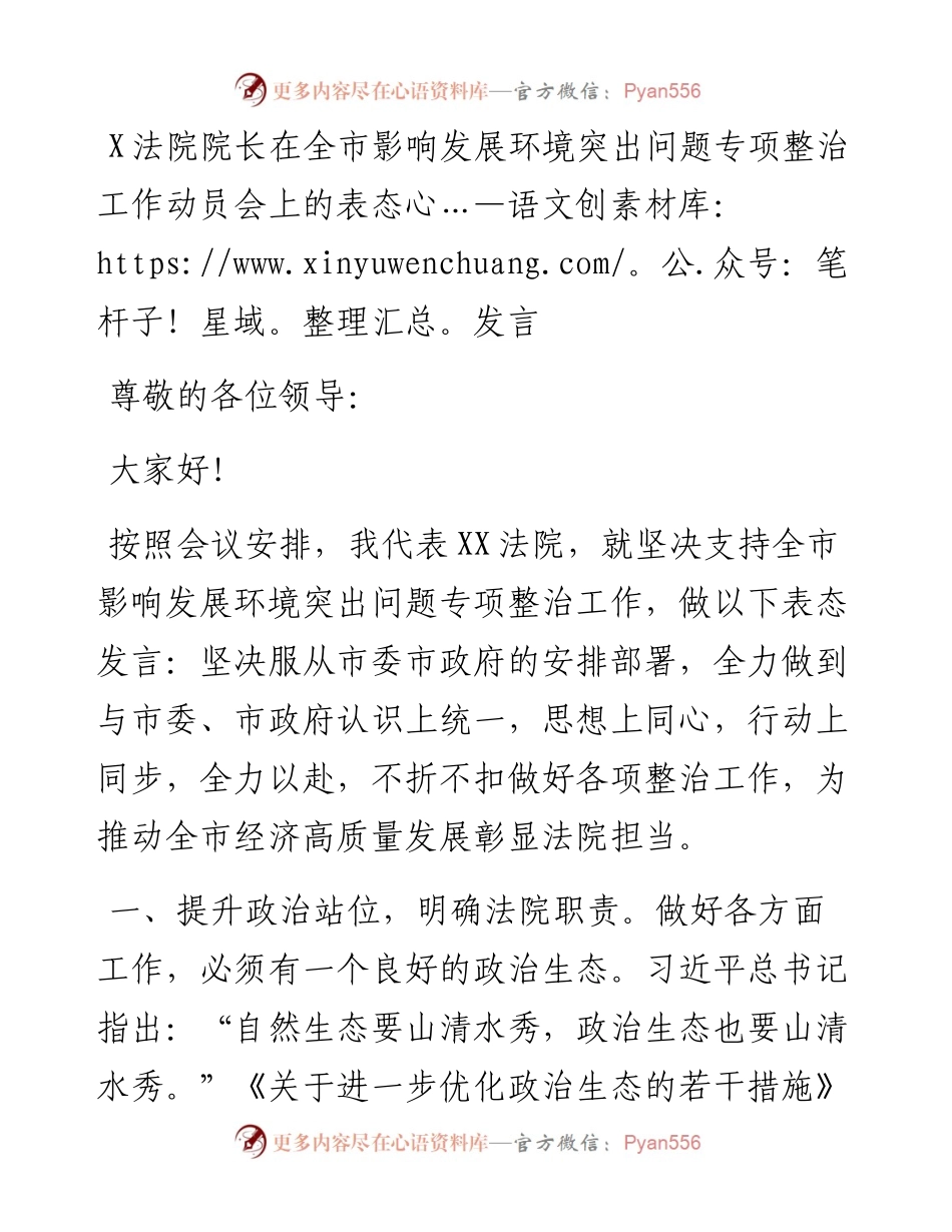 1009X法院院长在全市影响发展环境突出问题专项整治工作动员会上的表态发言.docx_第1页