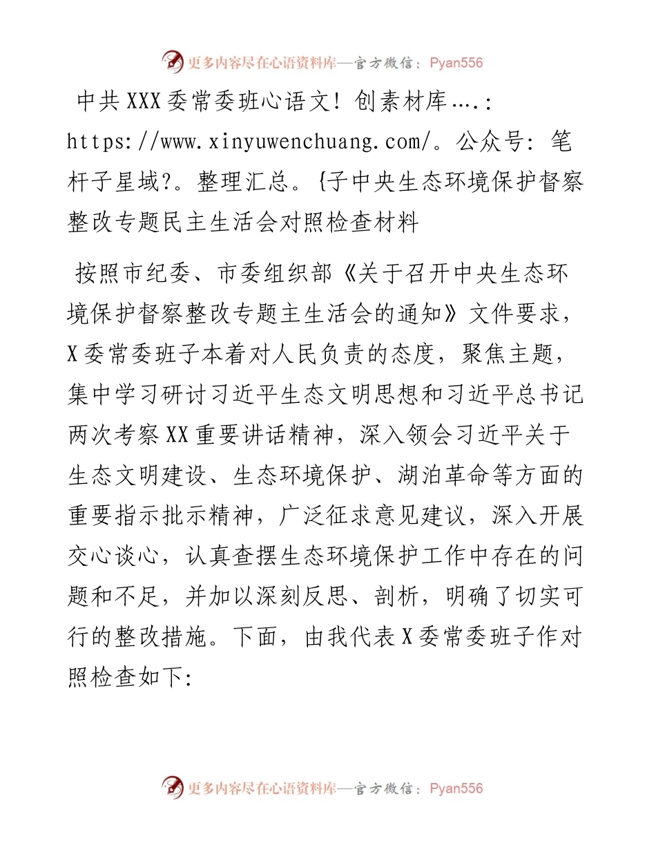 011708：中共XXX委常委班子中央生态环境保护督察整改专题民主生活会对照检查材料.docx_第1页