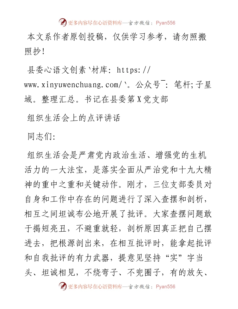 0220县委书记在县委第X党支部组织生活会上的点评讲话（范文）.docx_第1页