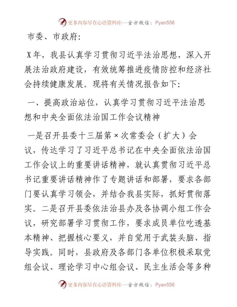 0227X县人民政府关于度法治政府建设工作情况的报告.docx_第1页