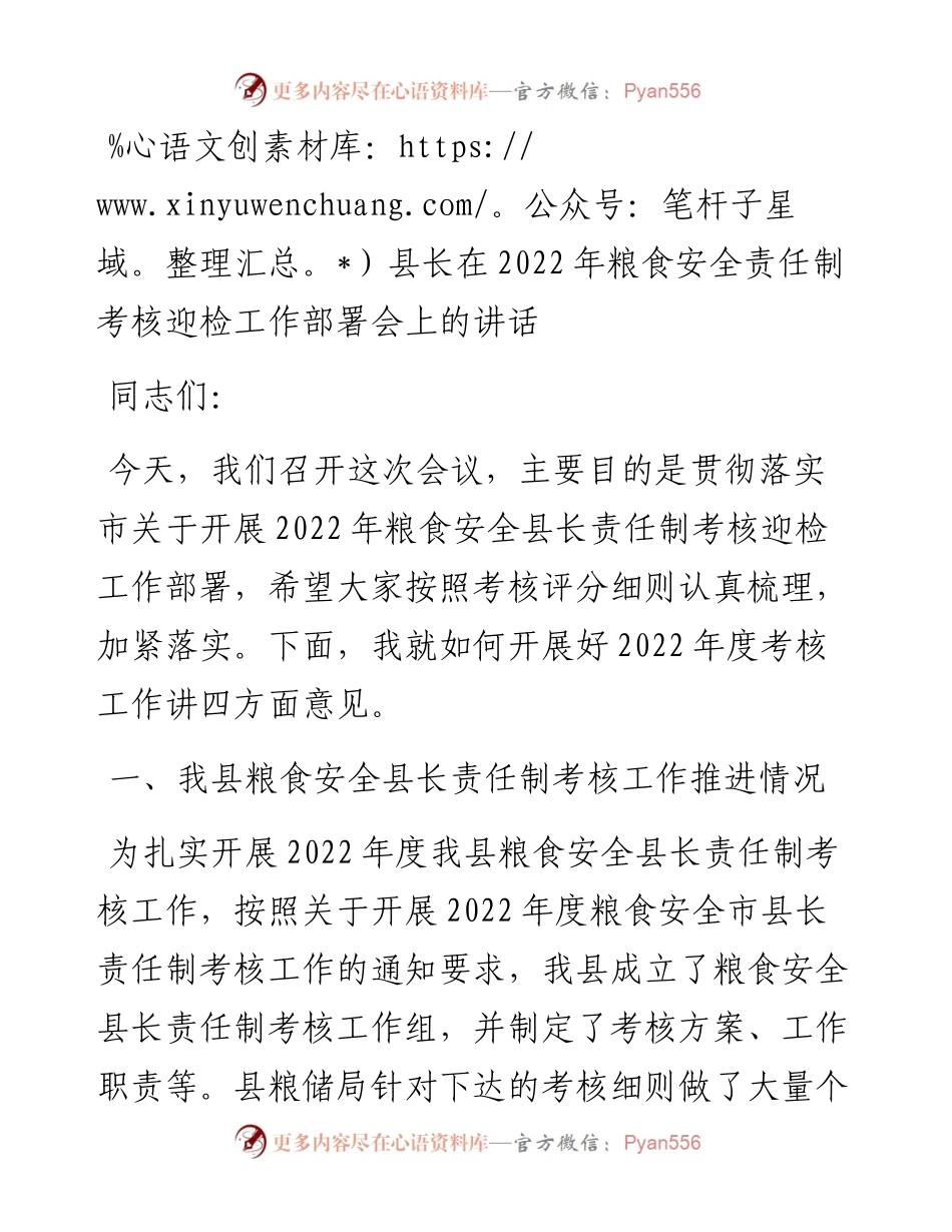 030438：县长在粮食安全责任制考核迎检工作部署会上的讲话.docx_第1页