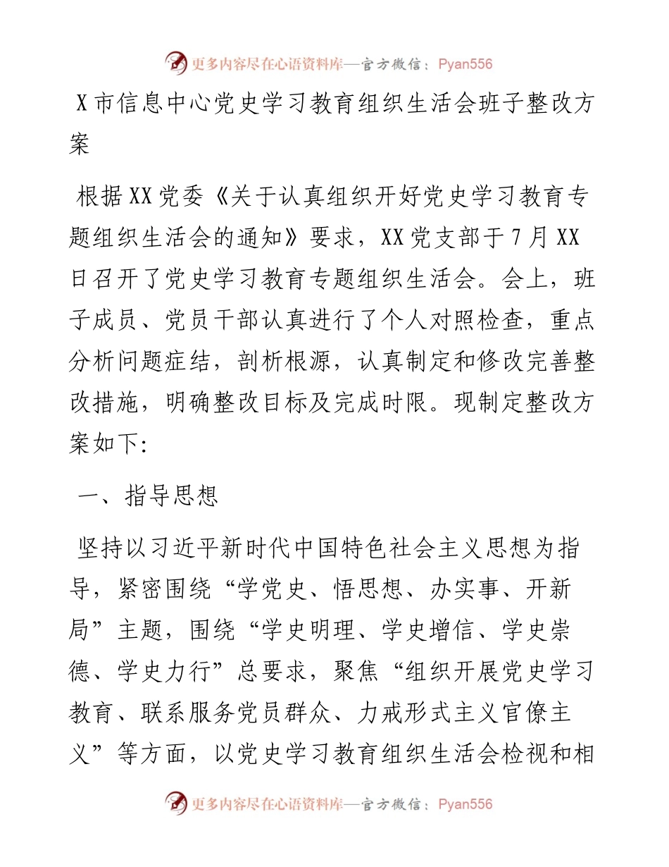 0816X市信息中心党史学习教育组织生活会班子整改方案.docx_第1页