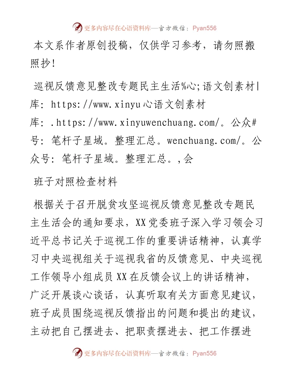0425巡视反馈意见整改专题民主生活会班子对照检查材料.docx_第1页