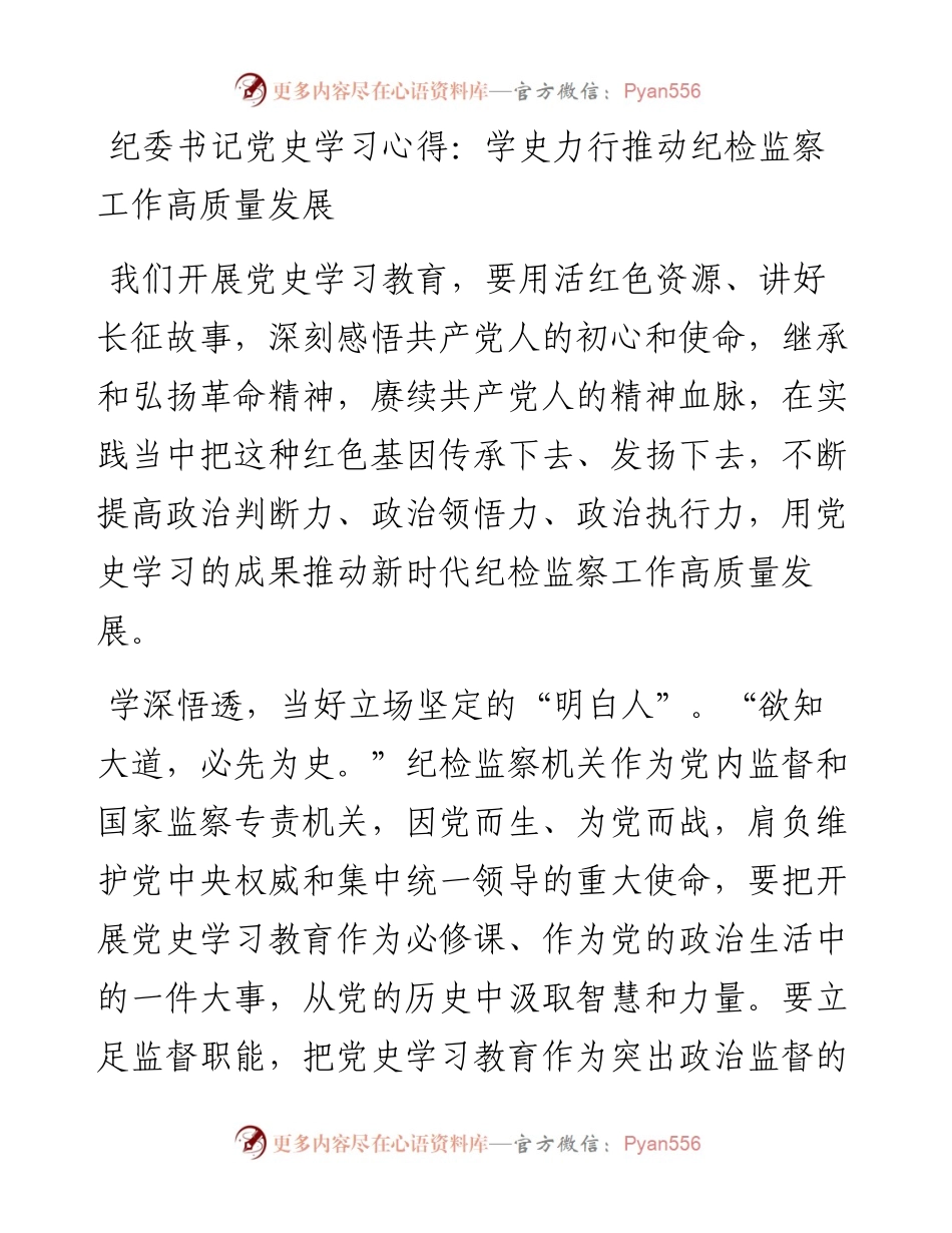 0818纪委书记党史学习心得：学史力行推动纪检监察工作高质量发展.docx_第1页