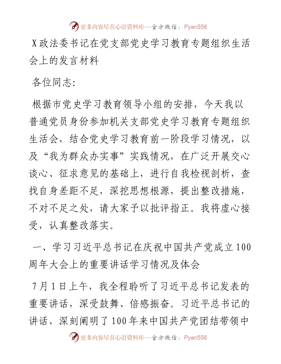 0817X政法委书记在党支部党史学习教育专题组织生活会上的发言材料.docx_第1页