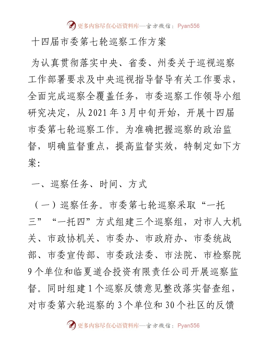020818：十四届市委第七轮巡察工作方案.docx_第1页