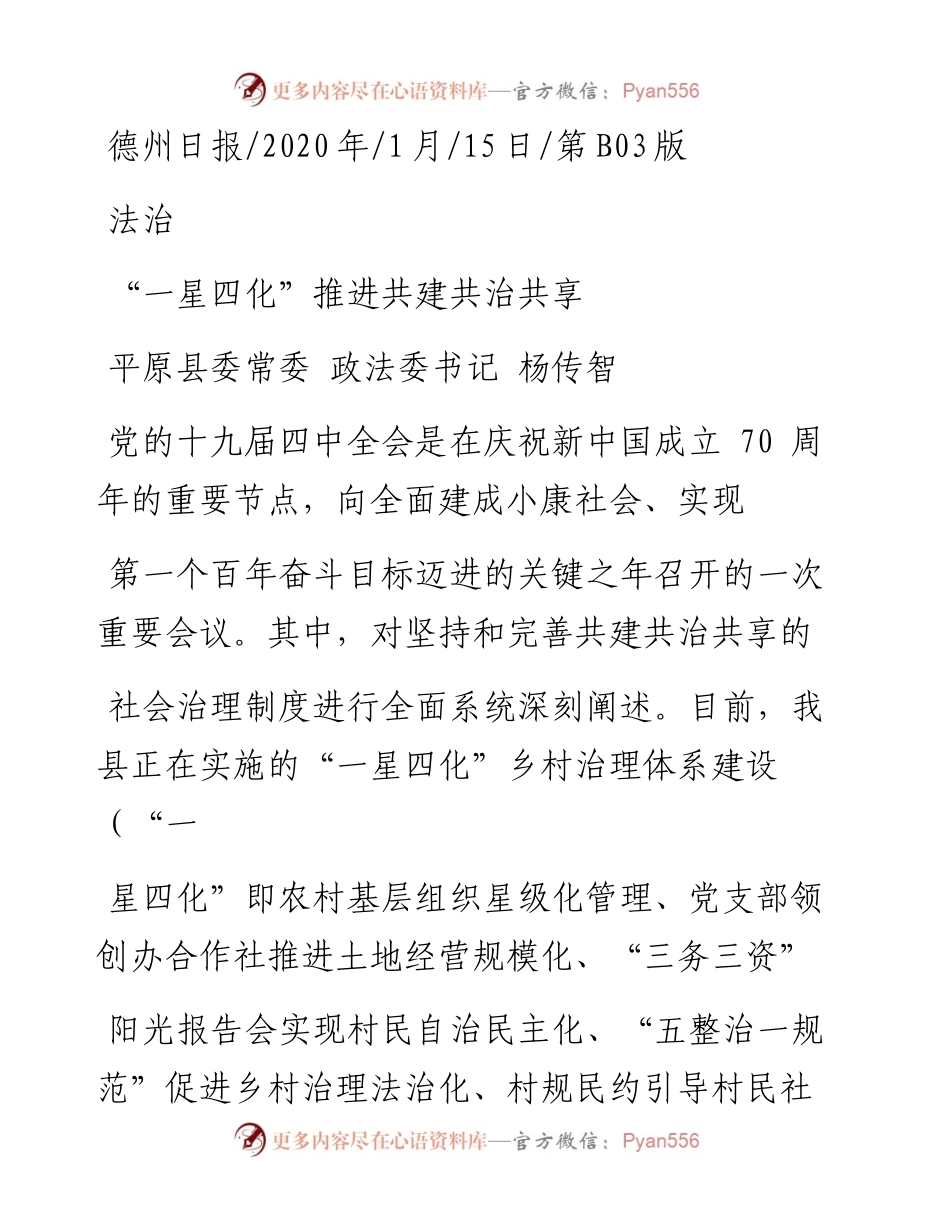 1.15平原县委政法委书记杨传智：一星四化_推进共建共治共享.docx_第1页