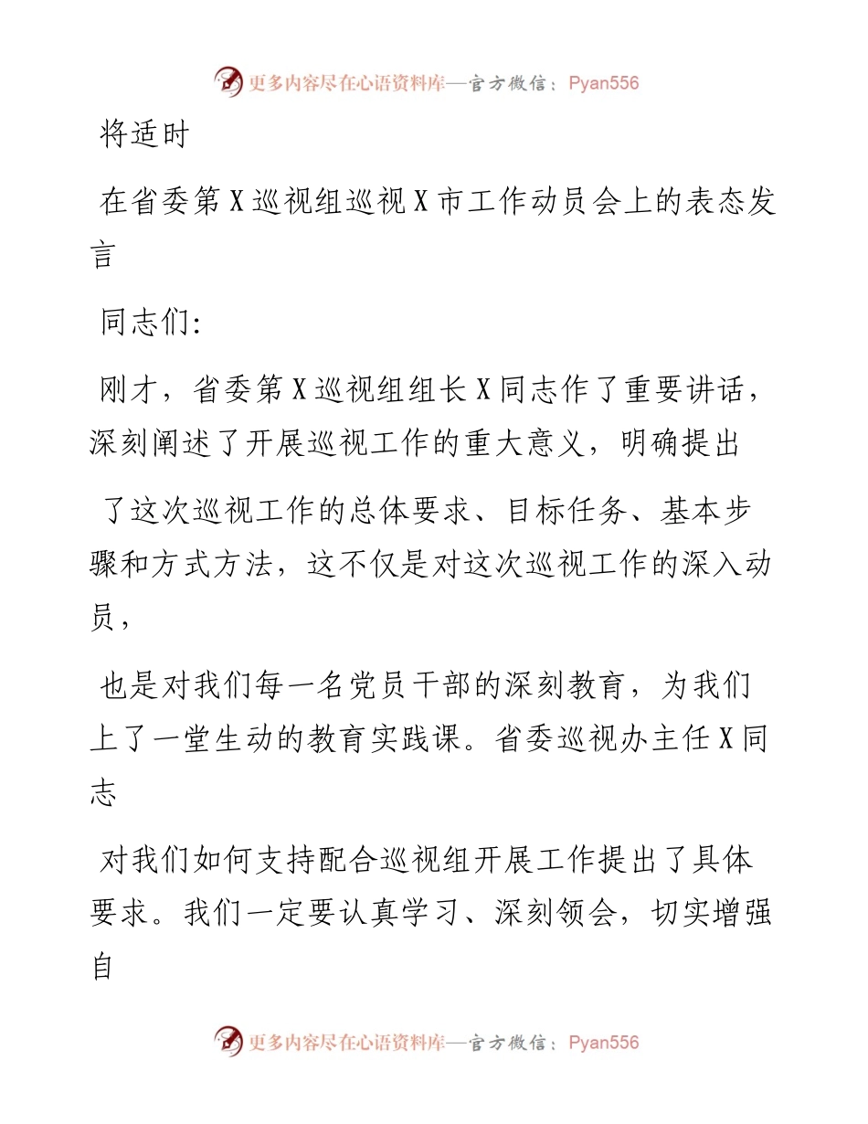 0810笔友分享在省委第X巡视组巡视X市工作动员会上的表态发言.docx_第1页
