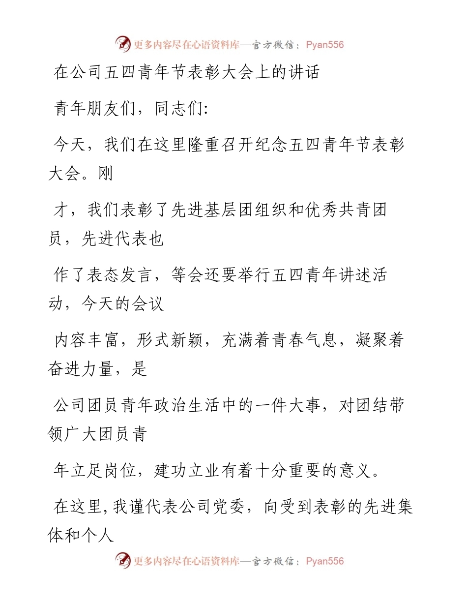 0502笔友分享在公司五四青年节表彰大会上的讲话.docx_第1页