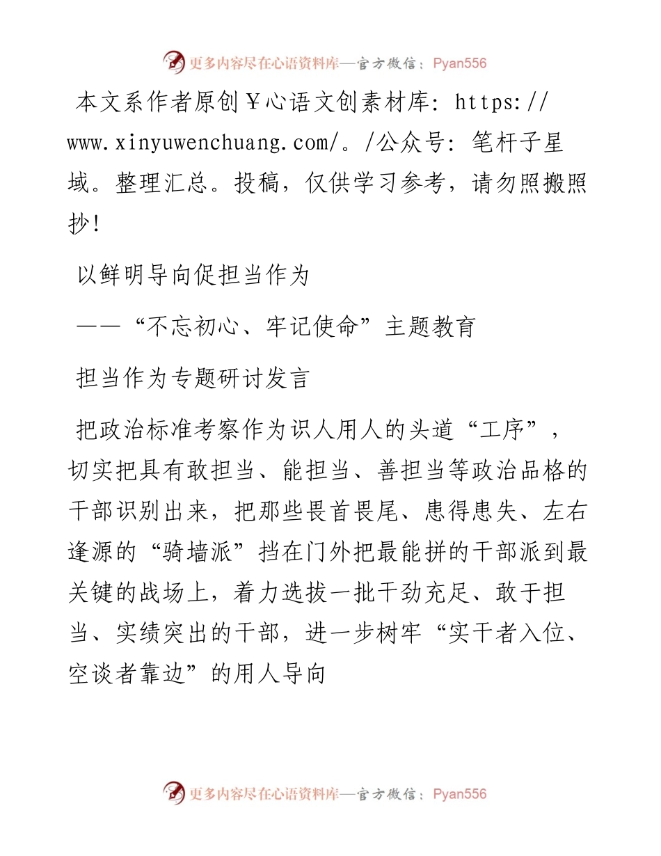 100805不忘初心牢记使命主题教育担当作为专题研讨发言.docx_第1页