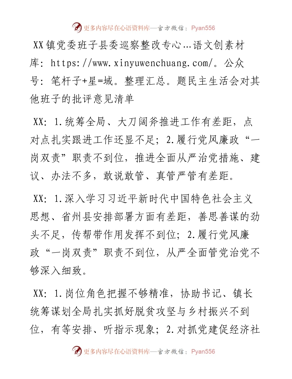 022149：XX镇党委班子县委巡察整改专题民主生活会对其他班子的批评意见清单.docx_第1页