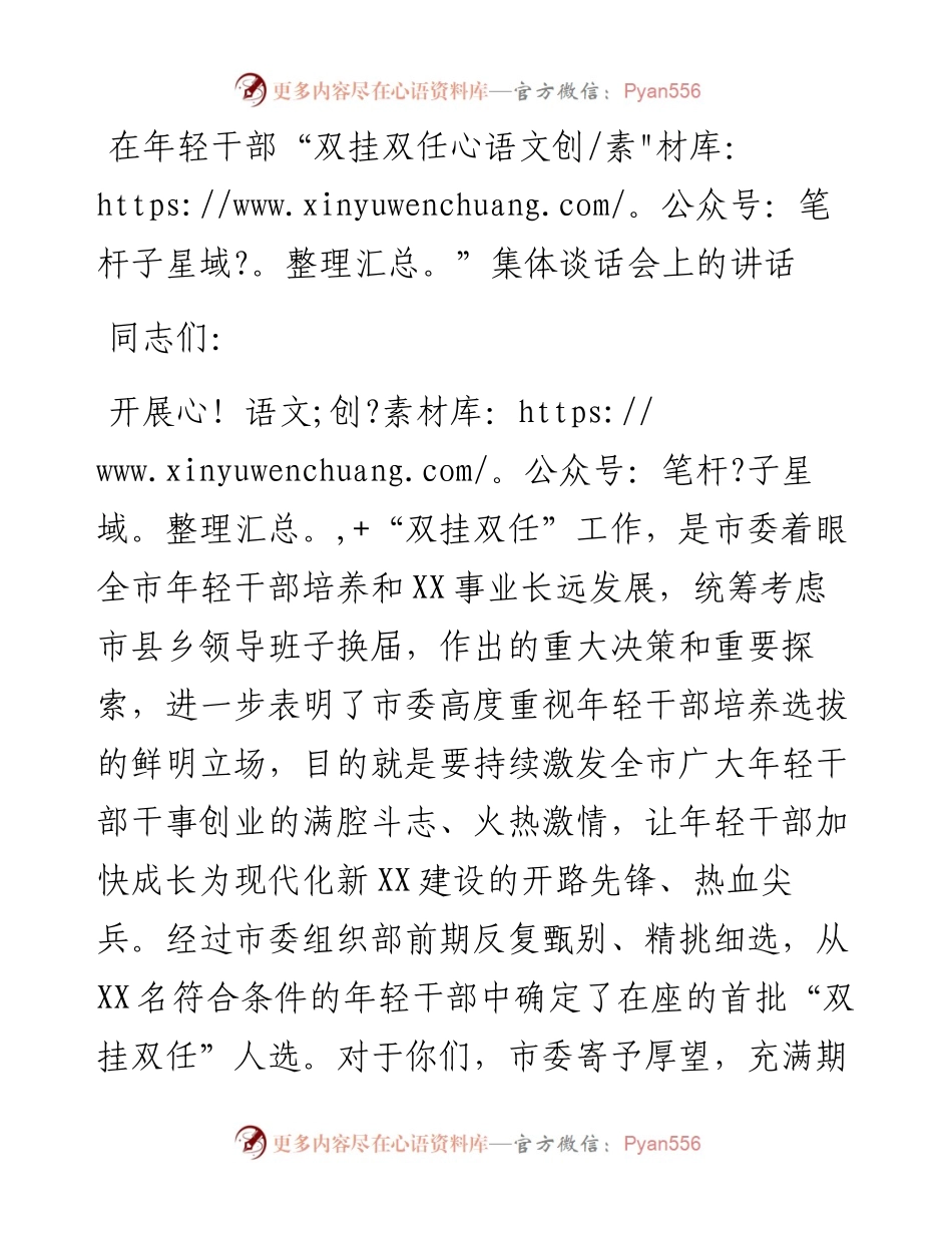 0304在年轻干部“双挂双任”集体谈话会上的讲话.docx_第1页