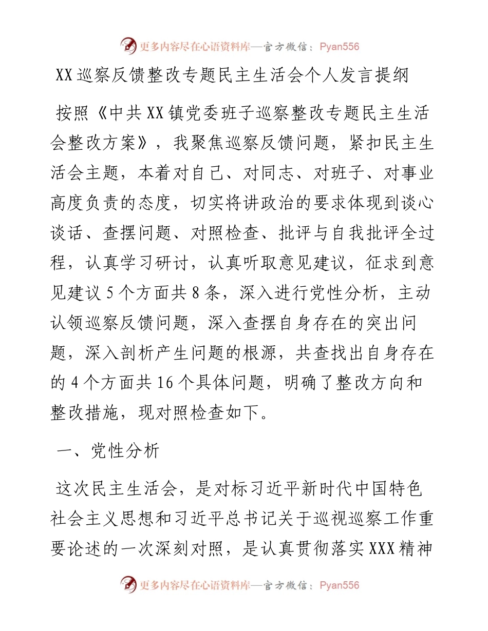 022159：XX巡察反馈整改专题民主生活会个人发言提纲.docx_第1页