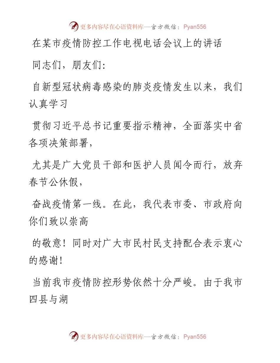 0212笔友分享在某市疫情防控工作电视电话会议上的讲话.docx_第1页