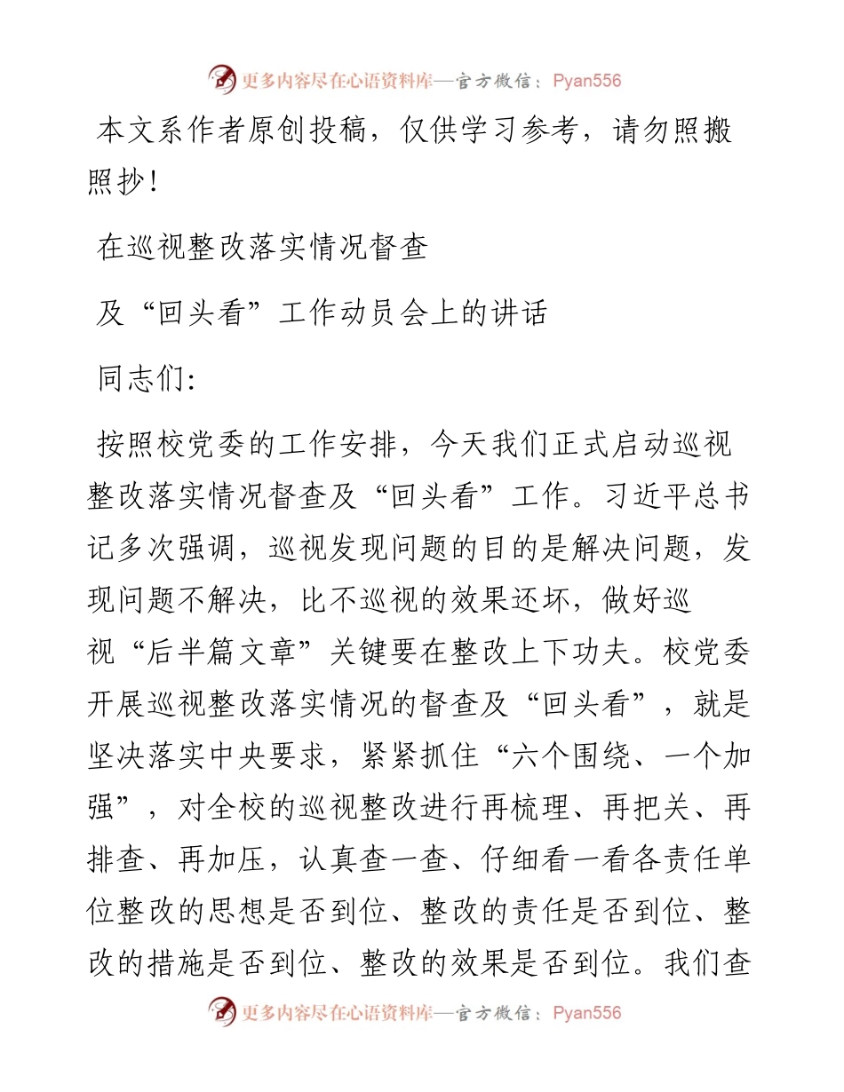 071504在巡视整改落实情况督查及回头看工作动员会上的讲话.docx_第1页