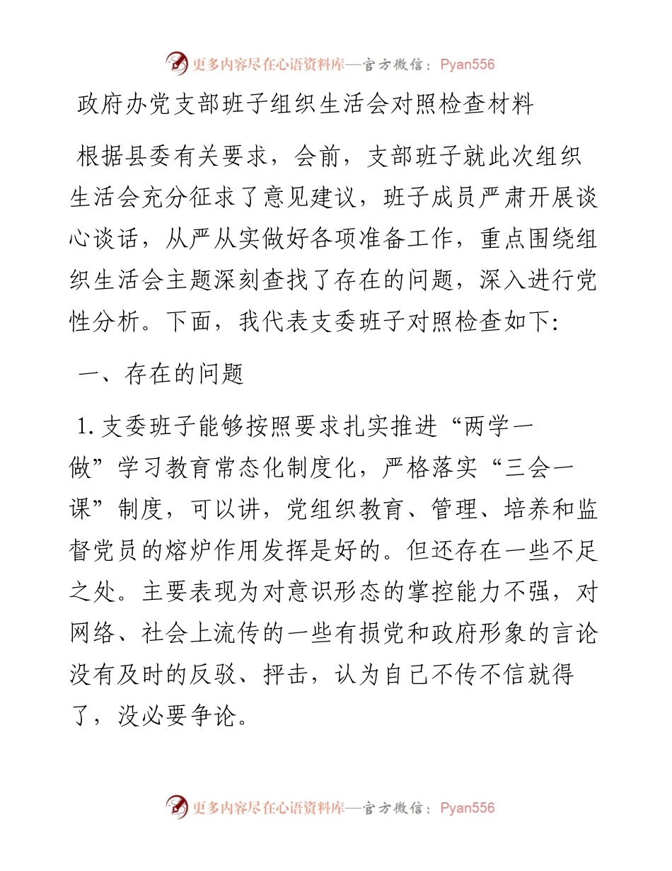 0201 政府办党支部班子组织生活会对照检查材料.docx_第1页